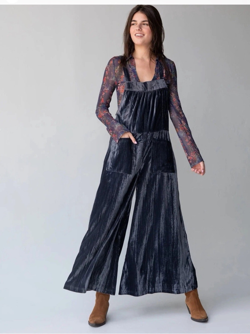 NATURAL LIFE Boho Velvet Charcoal Slouchy Overall Casual Flowy Wide Leg XS